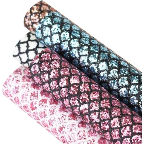 HSDLeather 20*34cm Fish scale printed on Glitter Fabric Synthetic Leather for diy