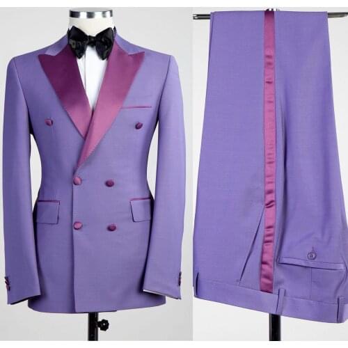 Noble Mens Tuxedos 2 Pieces Peaked Lapel Groom Double Breasted Wedding Blazer Suits Formal Prom Party Waist Coat(Jacket+Pants)