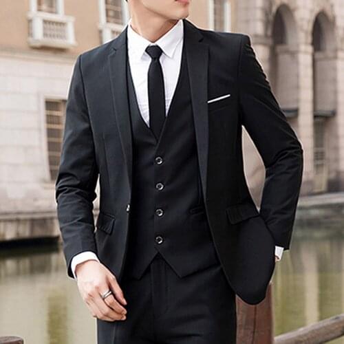 Cotton Suit Men Solid Color Lapel Collar Coat Vest Long Pants Business Wedding Slim Suit Set men royal blue wedding suits New