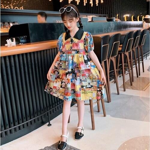 Summer Clothes Cartoon Printing Girl Dress Bubble Sleeve Lovely Graffiti Princess Dresses For 5-14 Years Old Kids Wear