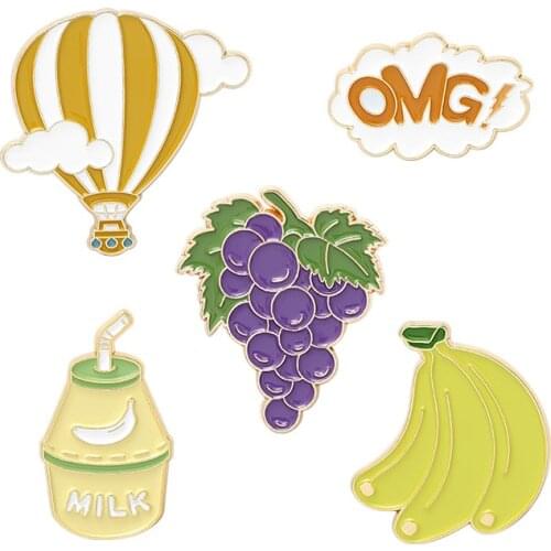 Cartoon OMG Grape Banana Milk Balloon Brooch Dessert Time Enamel Pins Bag Lapel Badge Cute Food Jewelry Gift for Kids Friends