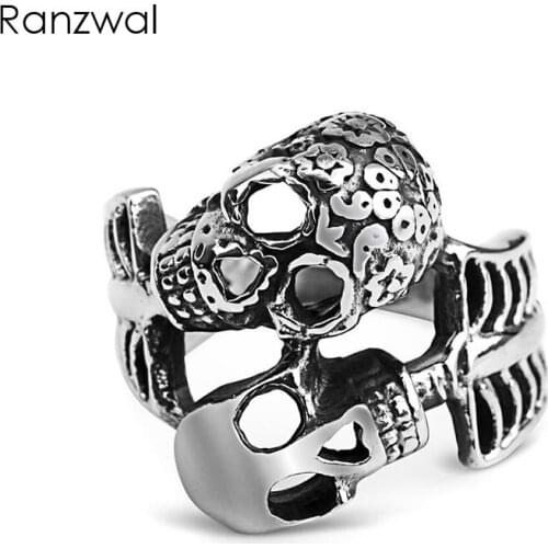 Ranzwal Punk Stainless Steel Skull Rings for Men Double Skeletons Ring Rock Jewelry US SIZE 8~13