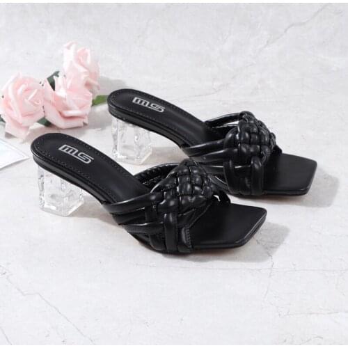 Hot Women Shoes 2021 New Fashion Chunky Higt Heel Slippers European American Braided Square Open Toe Slipper Large For Women