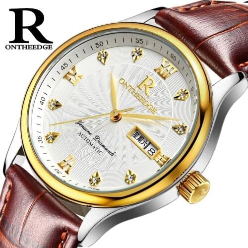 Top Brand Luxury Otheedge Leather Strap Watch for Men and Women Gold Bezel