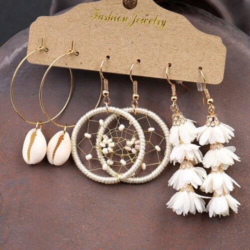 3Pairs/Set White Yarn Flower Shell Pendant Earring Long Tassel Big Circle Drop Earrings for Women Boho pendientes Party Jewelry