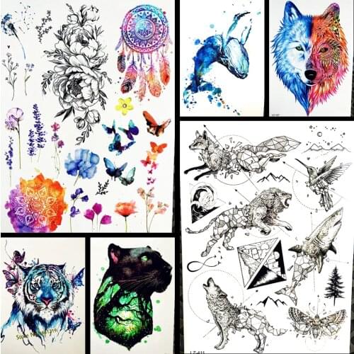 Chic Blue Watercolor Butterfly Tiger Temporary Tattoo For Men Women Body Art Henna Tatoo Fake Waterproof Arm Back Tattoo Sticker