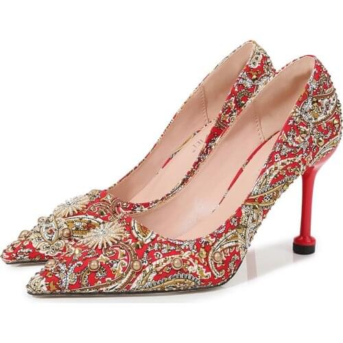 Wedding Shoes Thin High Heels Classic Fashion Female Pumps Women Sequined Cloth Slip On 6CM Thin High Heels Pointed Toe Flower