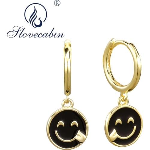 Slovecabin 925 Sterling Silver Smiley Face Circle Drop Earrings Black Enamel Piercing Wedding Earrings Luxury Femme Fine Jewelry