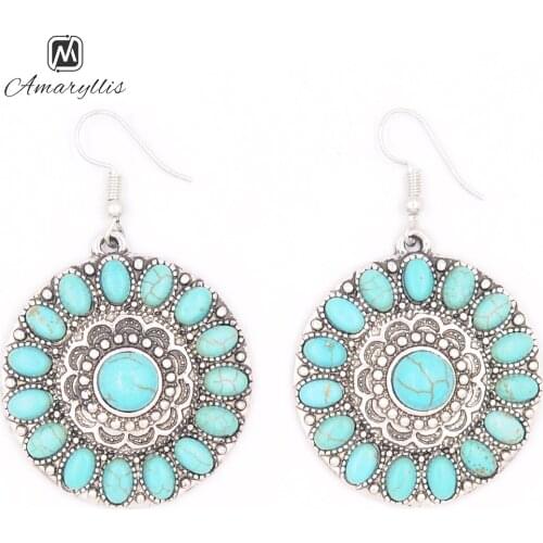 Amaiyllis Vintage Natural Stone Statement Dangle Earrings Ethnic Indian Pendant Drop Earrings Tibet Trendy Round Earrings Gift