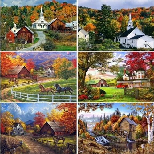 KAMY YI Landscape Farm Cottage Ranch Cross Stitch 5D Diy Embroidery Full Diamond Artistic Style Craft Mosaic Home Decoration