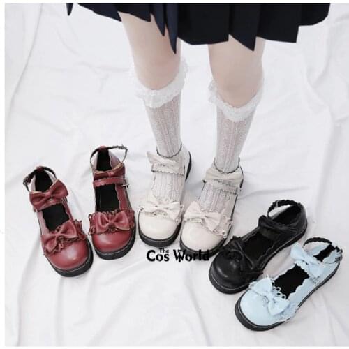 Lolita Girls Japanese Sweet Vintage Bowknot Round Toe Shoes for JK Student Uniform Cosplay Tea Party