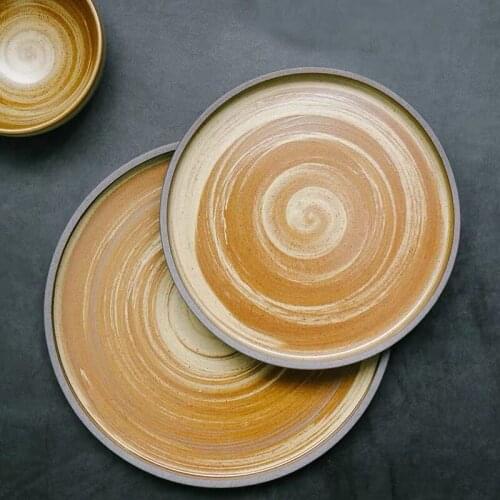 Japanese handmade dinner plates hotel steak plate stoneware annual ring pattern tableware loaded dishes fruit salad plate