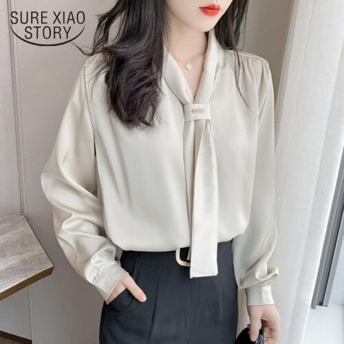 Spring Chiffon Shirt OL Style Office Lady Long Sleeve Shirt Women Satin Shirt Loose V-neck Womens Tops and Blouses Clothes 10842
