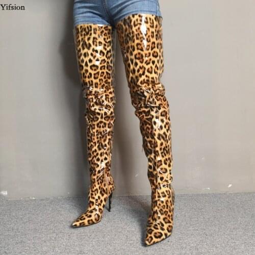 Olomm New Women Thigh High Shiny Boots Stiletto High Heels Boots Pointed Toe Super Sexy Leopard Party Shoes Women US Size 5-15