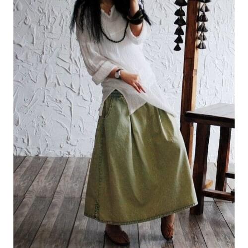 Women Washed Simple Elastic Waist Denim Skirts Ladies Vintage Loose Retro Denim Skirts Female Casual Skirts