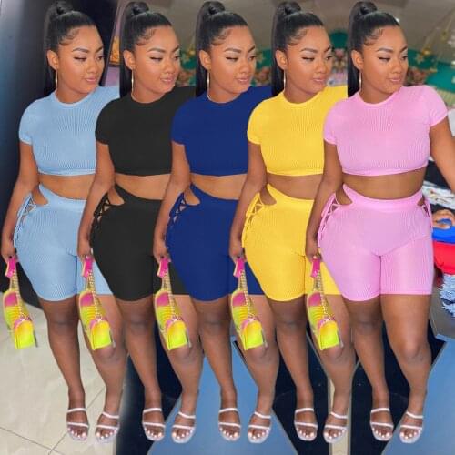 2021 Casaul Women Two Piece Set Knit Ribbed Hollow Out Bandage Tracksuit Matching Set Summer Clothes For Women