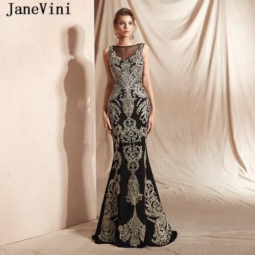 JaneVini 2019 Saudi Arabic Black Mermaid Prom Dresses Sleeveless Shiny Gold Lace Appliques Beaded Satin Long Sexy Evening Gowns