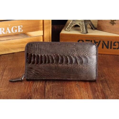 100% genuine ostrich leg skin leather wallets purse bank card holder black and brown color long zipper closure