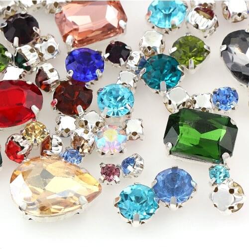 100Pcs/set Mix Color&Shape Oval Drop Round Glass With Silver Copper Claw Sew On Rhinestone Metal Buckle For DIY Wedding Clothes