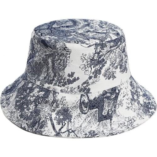 2021 Chinese style unisex ink painting flower animal bucket hat dye printing outdoor fisherman hat
