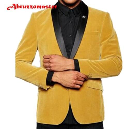 Abruzzomaster Yellow Velvet Tuxedo Coat Mens Suit Velvet Wedding Suits Jacket And Black Pants for Prom Suits Groomsman Suit