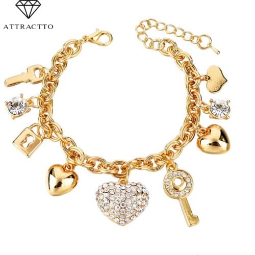 ATTRACTTO LOVE New Arrival Jewelry Heart Charm Bracelets & Bangles Gold Color Bracelets For Women Pulseras Bracelet SBR140221