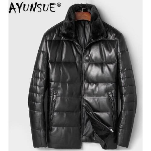 AYUNSUE Winter Genuine Leather Jacket Men Warm Sheepskin Coat Real Mink Fur Collar Down Cotton Jackets Veste Cuir Homme 81C7165