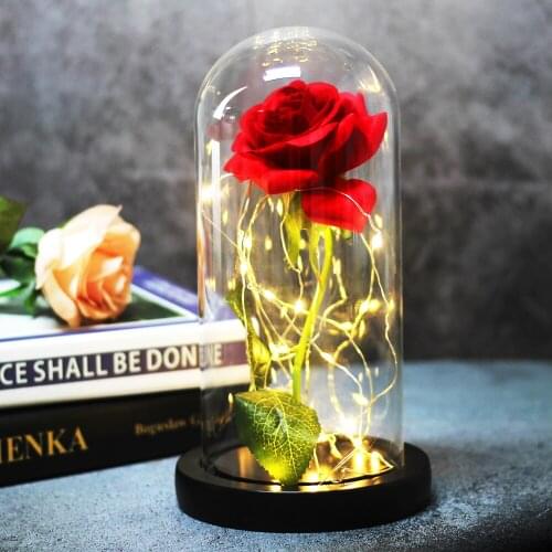 Artificial Flower Beauty And The Beast Red Rose In Glass Dome LED Light Decorate Christmas Valentines Day Romantic Gift