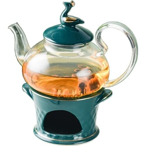 Hot Premium Green Golden Glass Swan Teapot With Strainer And Holder,Services Teaware Set Cup And Saucer Water Flower Kettle