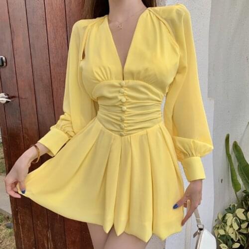 2021 Summer Solid Color Sexy Mini Dress V Neck High Waist A Line Long Sleeve Dresses Women Vintage Robe Hollow Out Vestidos New