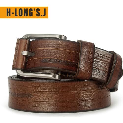 H-LongS.J Belt Mens Whole Head Layer Pure Leather Retro Casual Leather Pin Buckle Without Interlayer Pure Leather Cutting Hand