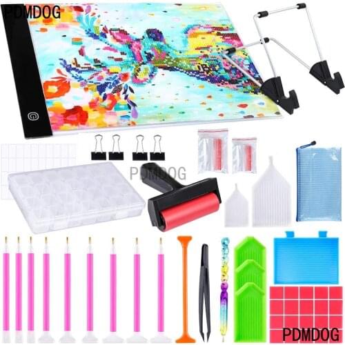 DIY Diamond painting tool set includes A4 LED Light pad with support , tweezers, clay, plastic tray, roller and Drill box