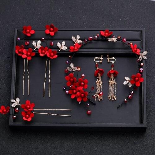 5 Pcs Red Flowers Headband Hairpins Clip Earring With Tassel Set Handmade Chinese Style Hairband Bridal Wedding Hair Accessories