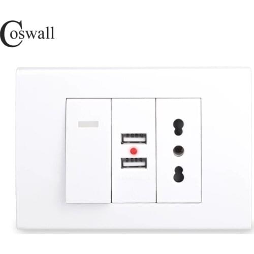 Coswall Italian / Chile Standard Wall Socket Universal EU Outlet + 2 USB Charger Port for Mobile + On / Off Rocker Light Switch