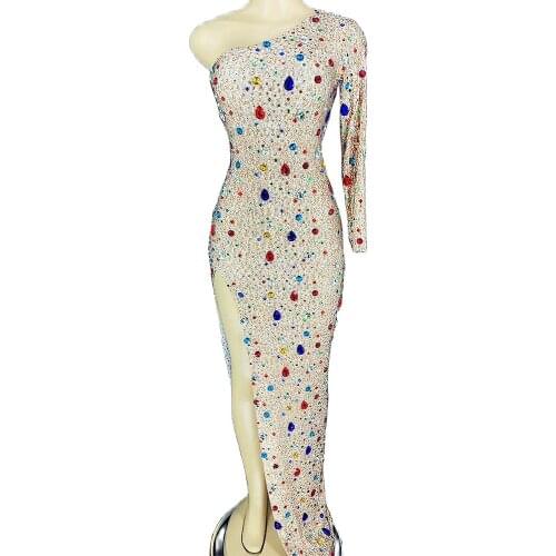 Multicolor Rhinestones Split Fork Dress/Two-Piece Suit/Jumpsuits One Off Shoulder Asymmetrical Performance Suit Stage Wear Lady