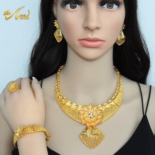 Dubai Luxury 24k Gold Jewelry Sets For Woman African Bridal Wedding Gifts Party Bracelet Necklace Earrings Ring Set Jewellery