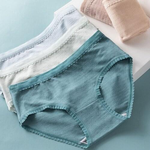 Wasteheart Skin Pink Green Fashion Cotton Mid Waist Sexy Lace Women Panties Underwear Lingerie Briefs Seamless Underpants M L XL