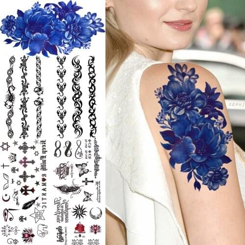 Blue Peony Flower Temporary Tattoo For Women Girl Kids Tiny Finger Infinity Cross Fake Face Tattoo Transfer Small Tatoo Armband