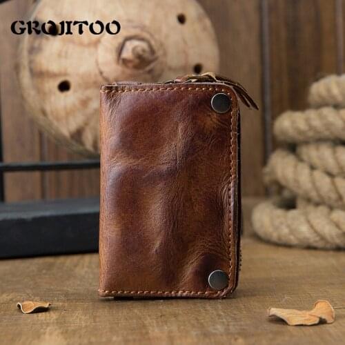 GROJITOO Cowhide Key Bag Mens Leather Multi-functional Large Capacity Purse Vegetable Tanned Leather Coin Purse For Women