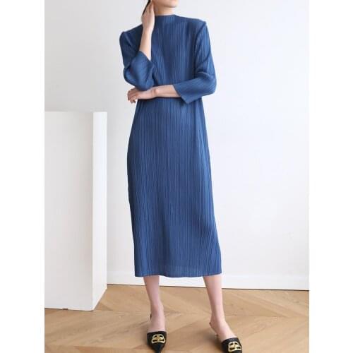 Spring and autumn new womens half high neck dress Miyak fold Basic Pleated Fashion solid color plus size slim midi dress tied