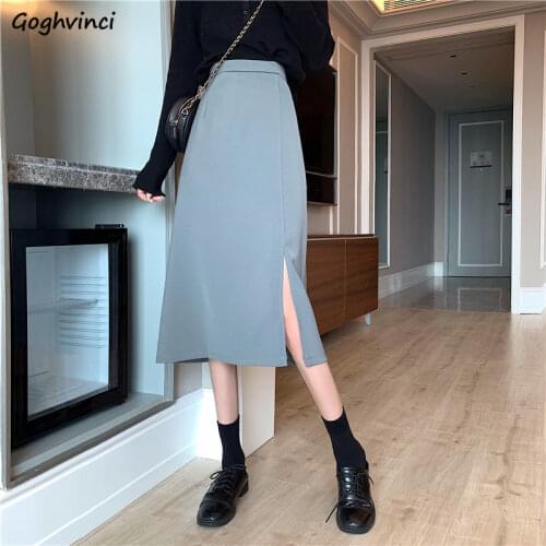 Women Solid Skirts Side-slit Elegant Mid-calf Slender Elastic Waist Office Lady Leisure All-match Large Size S-4XL Comfort Chic