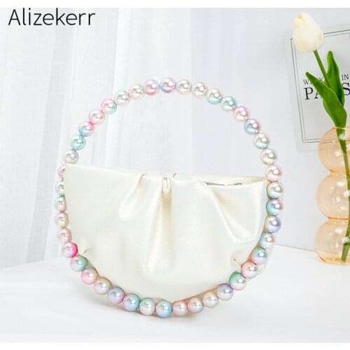 Colour Pearls Circular Fold Handbags Women 2021 New Elegant Designer Half Moon Round Handle Dinner Clutch Purse Wedding Party