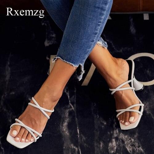 Rxemzg ladies sandals square toe summer slippers outdoor high heels sandals women chunky heels slides summer pumps blue white