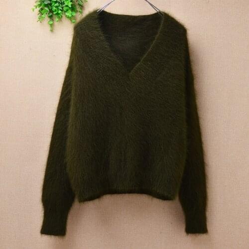Female women autumn winter hairy warm mink cashmere knitted short style v-neck loose pullover angora fur jumper sweater pull