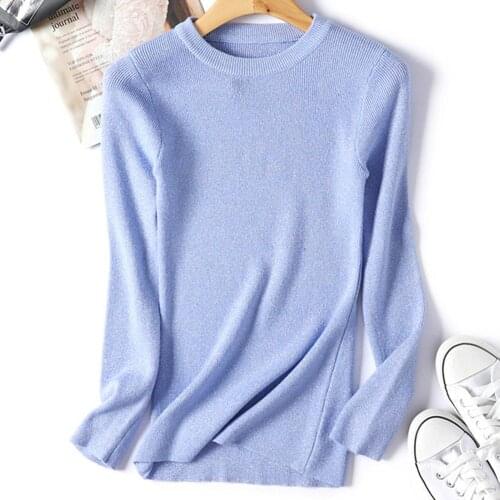 Plus size Sweater apparel Fashion Solid Color Shiny Women Sweater Pullover O-Neck Basic Skinny Knitted Top