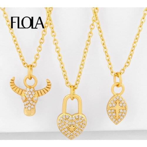 FLOLA Gold Filled Star Heart PadLock Pendant Necklaces For Women Crystal Small Horn Necklace CZ Zircon Pave Women Jewelry nkeq59
