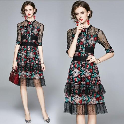 Womens Long-Sleeve Retro Cross Stitch Spring and Autumn Mesh Embroidered Dress