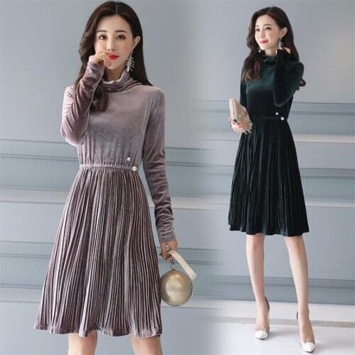 2020 Autumn Winter Spring Vestidos Solid Full Sleeve Dresses Beading Pleated Dress Women Turtleneck Knee-length Dress Female