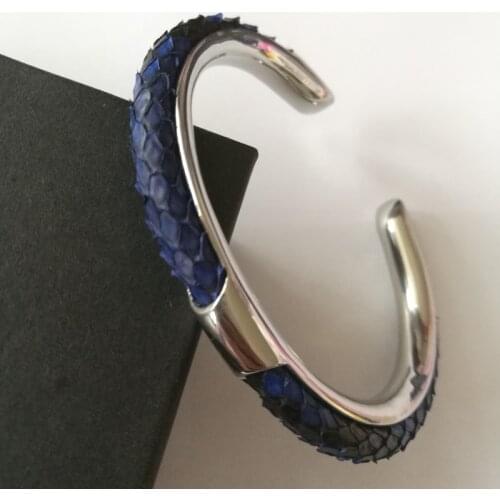 10pcs) Genuine Black Python Leather Bracelet with Silver Stainless Steel C Bangle For Watch Bracelet Classic Women Men Gift