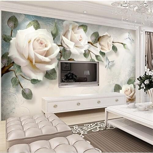 3D European style photo simple wallpaper hand-painted oil painting flowers white rose living room sofa TV background mural